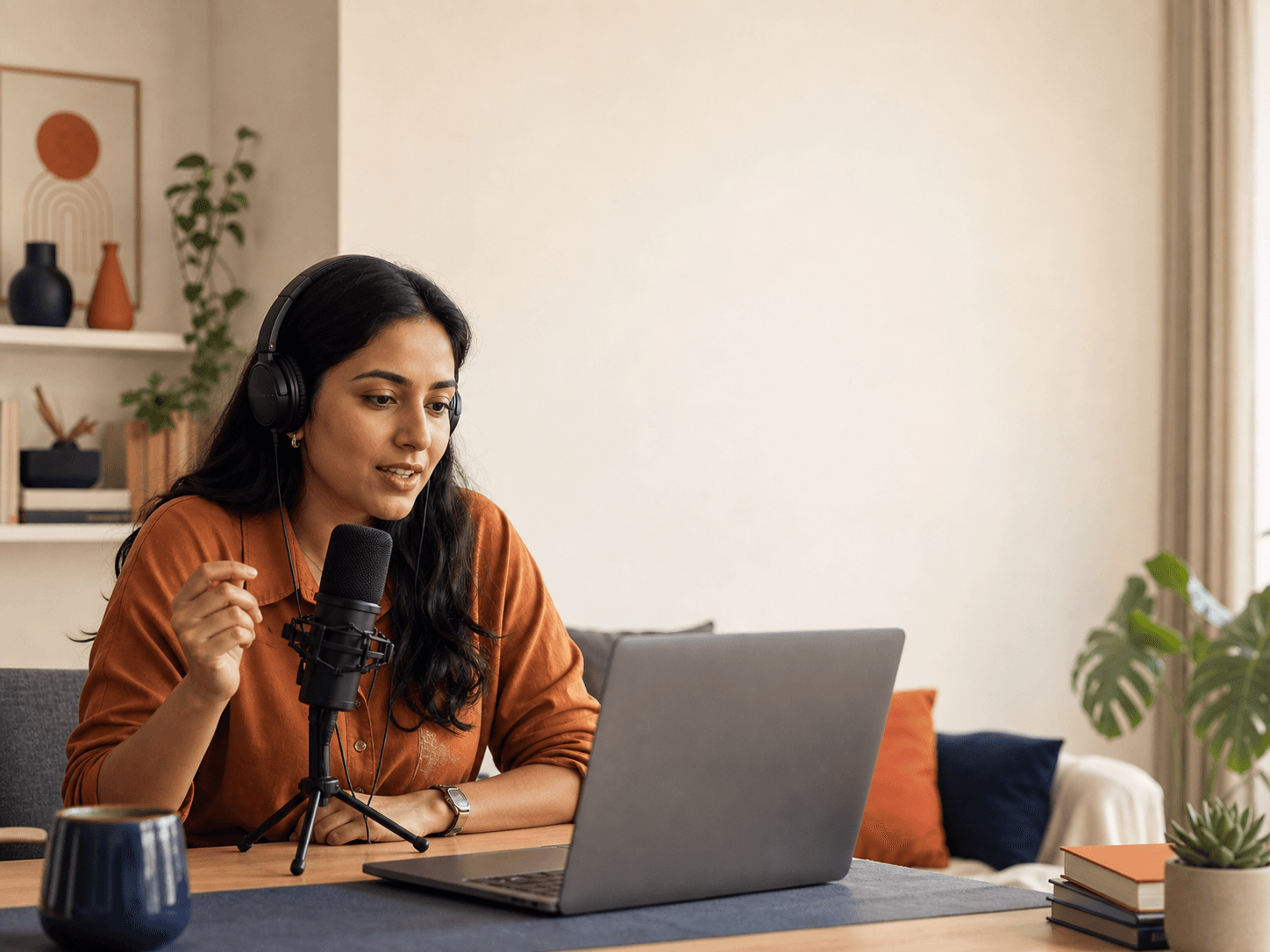 Creator recording audio with a microphone and headphones